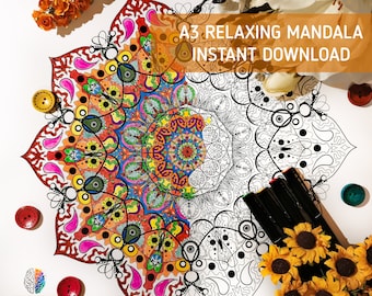 Mandala coloring page, A3 Printable, Digital Download, Instant Print, Printable Coloring, Adult, Antistress relaxing zentangle line art