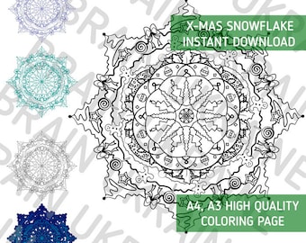 Christmas Snowflake, PNG Printable coloring page, Xmas, Holiday decor wreath, High Quality, Digital File, antistress, zentangle, doodle