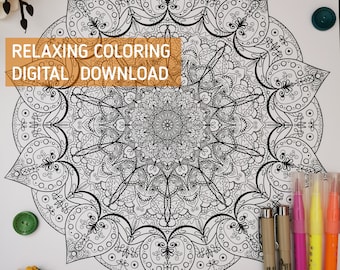 Printable coloring page, High Quality Mandala JPG, adult antistress relaxing zentangle line art