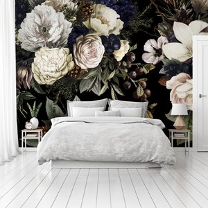 Winter Flowers Black - Floral Wallpaper Black Background - Big Flowers Wall Mural- Peel and Stick Floral Big Print - WIV 02