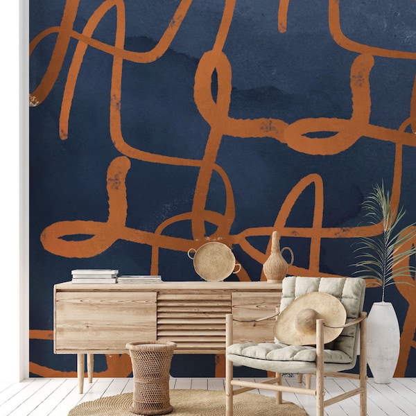 Terracotta Wallpaper - Graphic Wallpaper - Navy Blue Wall Mural - Abstract Stroke Wallpaper - Boho Wallpaper - Vinci Design Wall - WIV 420