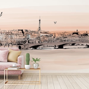 The Romantic Walking - Parisian Boardwalk in Sunset Colors Wallpaper - Paris at Sunset Peel and Stick - WIV 55