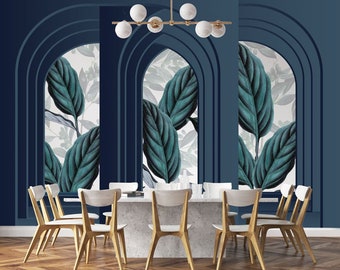 Vintage Palms Arch in Blue - Tropical Wallpaper Art Deco - Big Print Leaves Wallpaper Blue - WIV 35