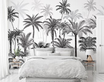 The Invitation of the Jungle in Gray -Illustration Wall Mural Forest - Palm Tree Wallpaper - WIV 145