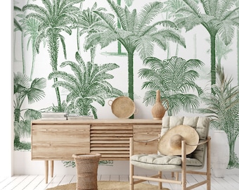 The Invitation of the Jungle in Green - Tropical Decor Hand Drawing - Palm Tree Illustration - Exotic Wallpaper - WIV 146