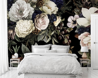 Winter Flowers Black - Floral Wallpaper Black Background - Big Flowers Wall Mural-Peel and stick floral big print - WIV 02