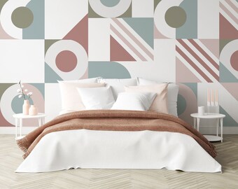 Between Squares and Circles - Geometric Wallpaper - Blush Neutral Color - Bedroom Wallpaper Wall Mural Peel and Stick - WIV 29