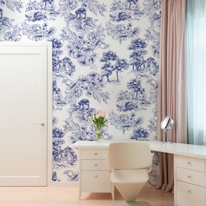 Toiles de Jouy Wallpaper, The Little House Blue, French Toiles Wallpaper, Classic Wallpaper, WIV 95