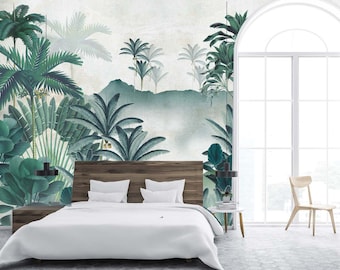 Exotic Forest Wallpaper - Tropical Wall Mural Watercolor Palm Tree Wall Decor - Aqua Blue Watercolor Palm - Non-Woven or removable - WIV 194