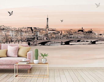 The Romantic Walking - Parisian Boardwalk in Sunset Colors Wallpaper - Paris at Sunset Peel and Stick - WIV 55