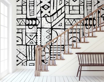 Black and White Big Print Wallpaper - African Wallpaper - Bohemian Wallpaper - Removable Black and White Wallpaper - WIV 100