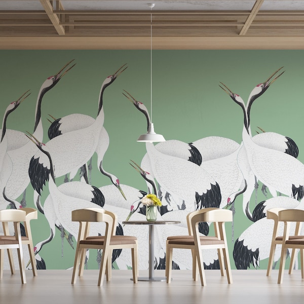 Crane Birds Wallpaper - Heron Wall Mural Green and Heron Large Pattern - WIV 851