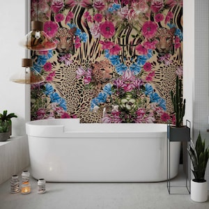 Tiger Wallpaper - Leopard Wallpaper - Floral Animal Wallpaper - Wild Wallpaper - Bold Vivid Wallpaper - Miami Vibes - WIV 459