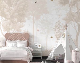 Monochrome Trees Wall Mural, Vintage Soft Forest Landscape Wallpaper Peel and Stick, French Country Wallpaper, Enchanted Forest - WIV 896