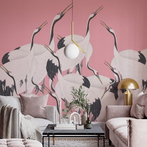 Whimsical Heron Pattern Wallpaper - Chic Crane Birds Wall Art - Pink Heron Large Pattern - WIV 852