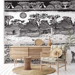 Africa Wallpaper - African Village Wallpaper Black and White Illustration- Welcome to Africa - Black and White Bohemian Wallpaper - WIV 104