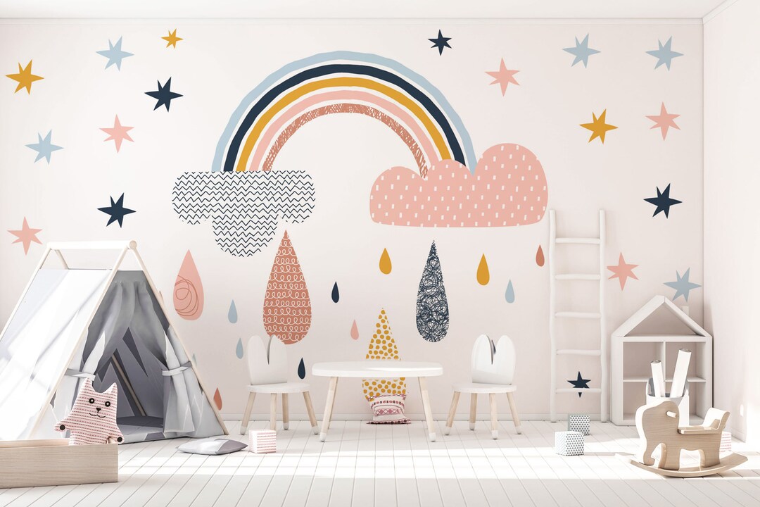 Rainbow and Stars Wallpaper, Peel and Stick Girls Nursery Wall Decor ...