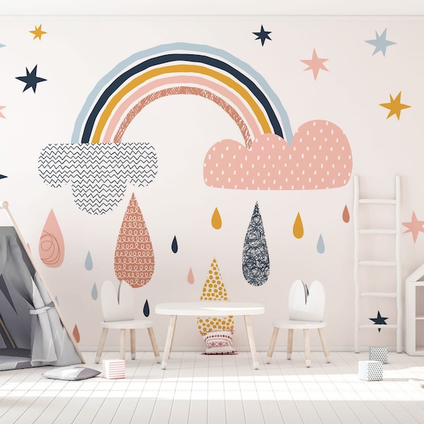 Rainbow and Stars Wallpaper, Peel And Stick Girls Nursery Wall Decor, Kids Wall Mural Rainbow, Kid's Wallpaper- WIV 59