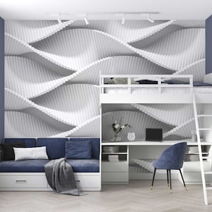 Modern White Spiral Wallpaper - 3D Waves Flowing Wall Mural - Peel and Stick Wallpaper - Contemporary Waves Wall Mural - WIV 465