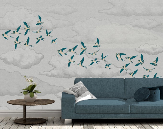 Flying Birds in the Clouds Blue Wall Mural Flying Birds - Etsy