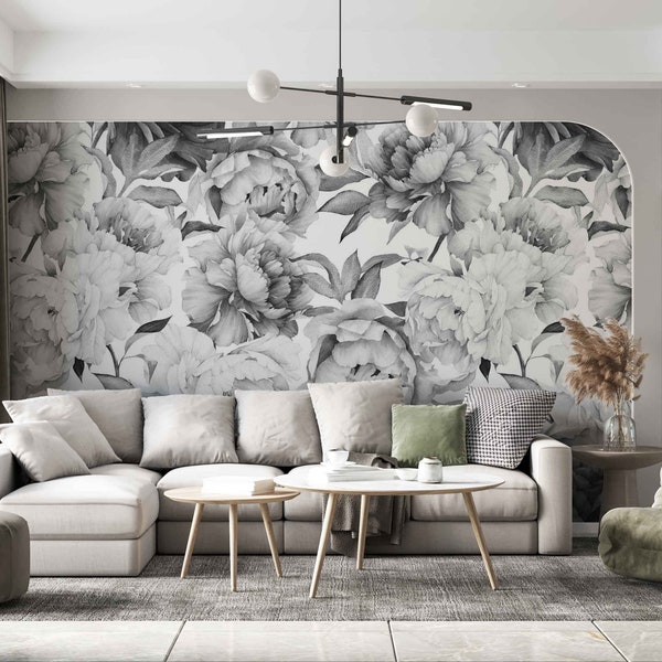 Black and White Wallpaper - Floral Wallpaper - Peonies Roses Gray Wallpaper - WIV 652