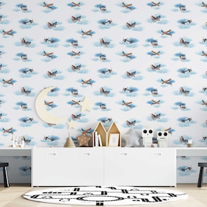 Louds and Airplanes, Flying Planes Kids Room, Nursery Space Elegant Wallpaper, Airplane Wall Decor, Peel & Stick Removable - WIV 584