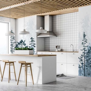 Foggy Forest Blue Wallpaper, Watercolor Forest Landscape Wall Mural, Kids Room Removable Wallpaper, Watercolor Wallpaper WIV 331