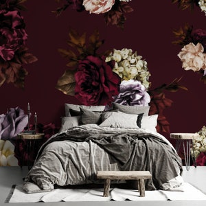 Rose Bouquet Burgundy Wallpaper - Red Floral Wall Mural - Bunch Floral Wallpaper - Winter Floral Wallpaper - Big Flower Print - WIV 370
