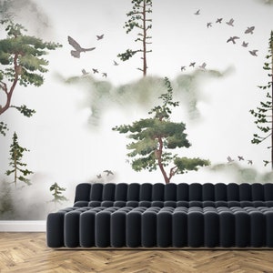 Cloudy Day Wallpaper, Watercolor Forest Landscape Wall Mural, Kids Room Removable Wallpaper, Watercolor Wallpaper WIV 333