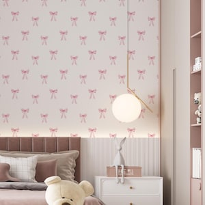 Pink Bow Wallpaper, Coquette Aesthetic, Baby Girl Grandmillennial, Granny Chic, Ribbon Wall Decor, Peel and Stick, Non-Woven Paper WIV - 961