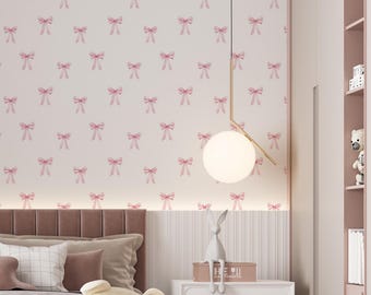 Pink Bow Wallpaper, Coquette Aesthetic, Baby Girl Grandmillennial, Granny Chic, Ribbon Wall Decor, Peel and Stick, Non-Woven Paper WIV - 961