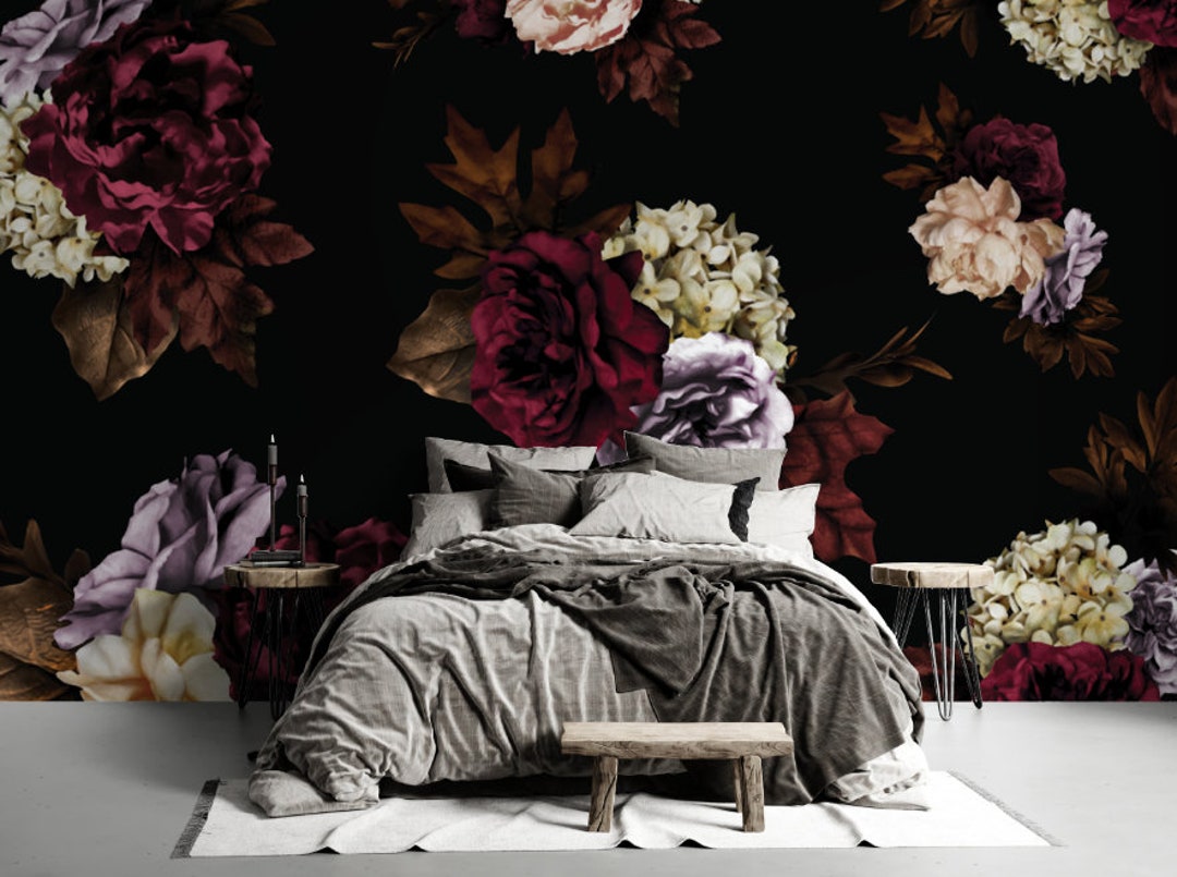 Big Floral Black Wallpaper Bunch of Flower Wallpaper Roses Etsy