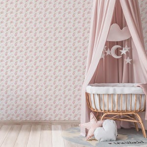May include: A pink floral wallpaper with a white wicker bassinet with a white canopy and a white cloud mobile hanging above it. The bassinet is decorated with two pillows, one white and one pink star-shaped.