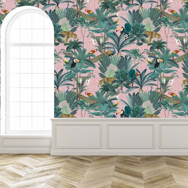 Tropical Pink Wallpaper - Exotic Animals Pink Wallpaper - Pink Jungle Wallpaper - Bird Wallpaper - Removable - The Pink Safari - WIV 240