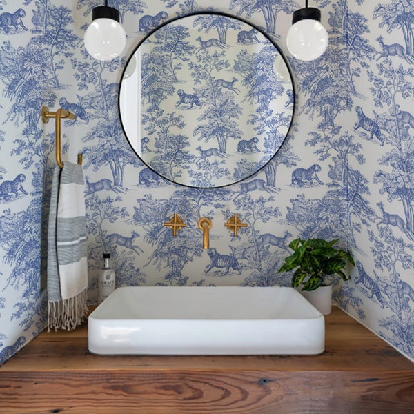 French Toiles Wallpaper - Tiger Wallpaper - Toiles de Jouy - Chantilly in Blue - WIV 638