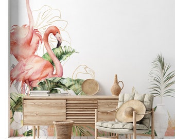 Flamingo Island Wallpaper, Flamingo Tropical Jungle Wall Mural, Removable Self-Adhesive Wild Wallpaper, Exotic Wall Decor - WIV 570