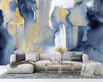 Abstract Navy Wallpaper - Peel and Stick - Modern Wall Decor in Blue and Gold - Paint Brush Removable - Baltik - WIV 493