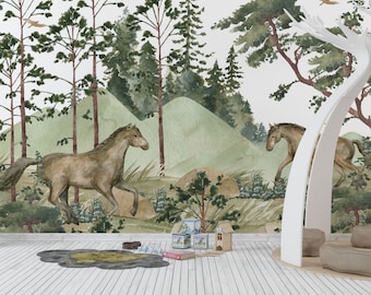 Horses Wallpaper - Forest Wallpaper - Country Wallpaper - Grass Horse Wallpaper - Ranch Wallpaper - Boy Wallpaper - Kids Wallpaper WIV 377
