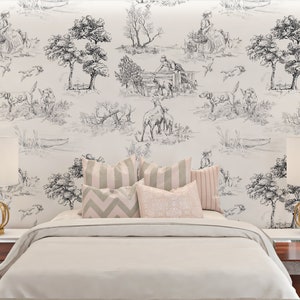 Toiles de Jouy Wallpaper, The Shepherdess Black French Toiles Wallpaper, Classic Wallpaper, Chinoiserie Wallpaper WIV 90