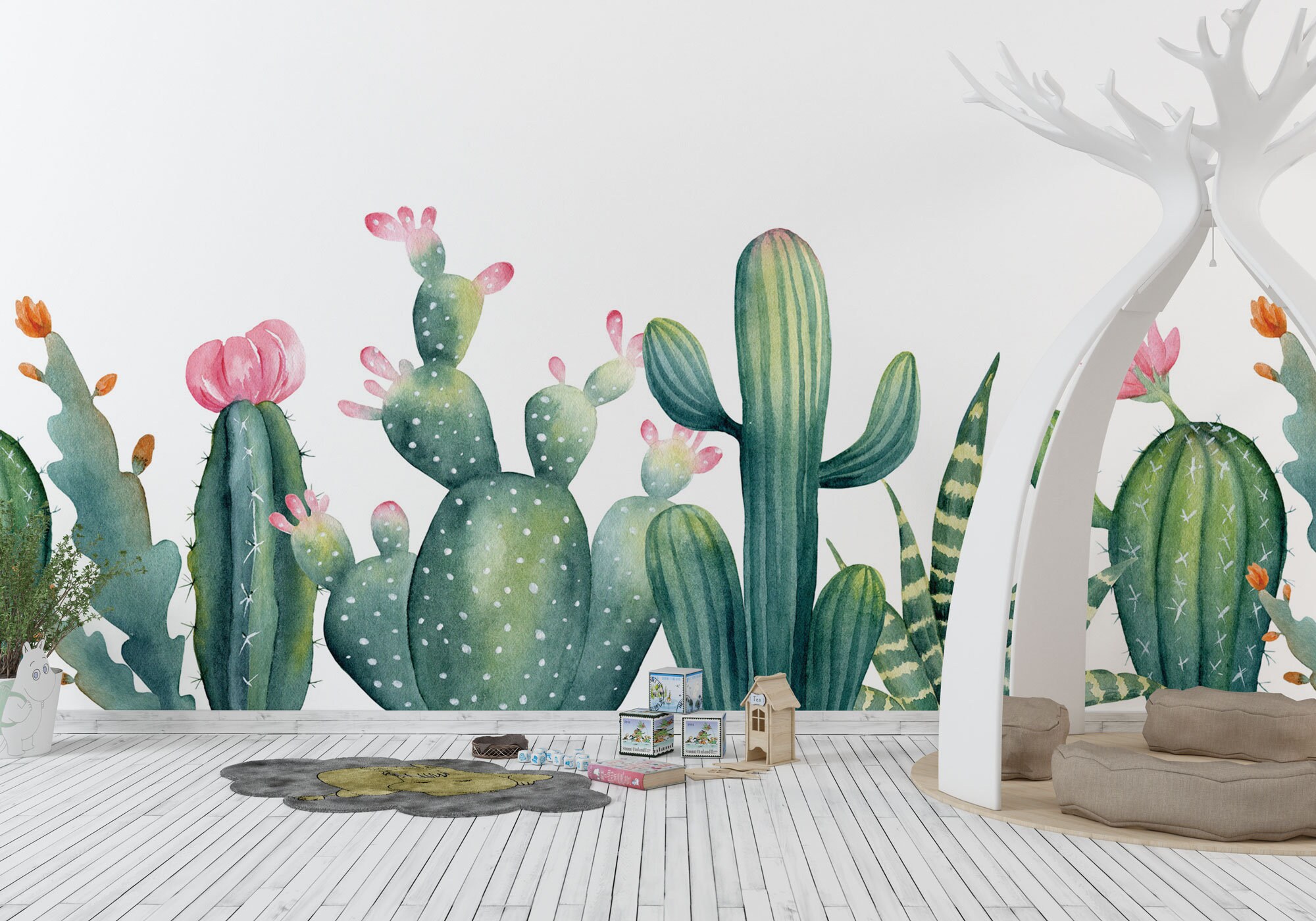 Cactus Nursery Wallpaper - White Background Watercolor Cactus - Wall Mural Cactus Pink and Green - WIV 452