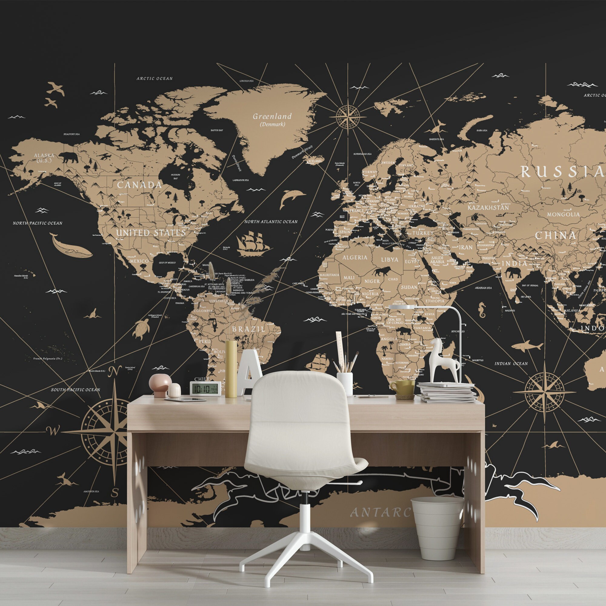 Atlas Map Wallpaper, Library Decor, Travel Map, Vintage World Map ...