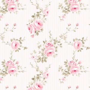 May include: A seamless pattern featuring pink roses with green leaves on a white background with subtle vertical stripes.