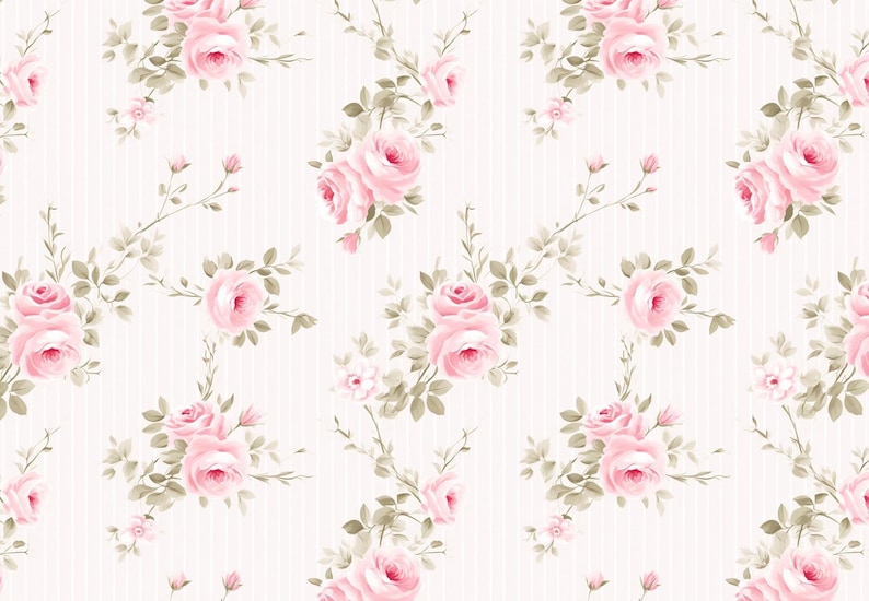 May include: A seamless pattern featuring pink roses with green leaves on a white background with subtle vertical stripes.