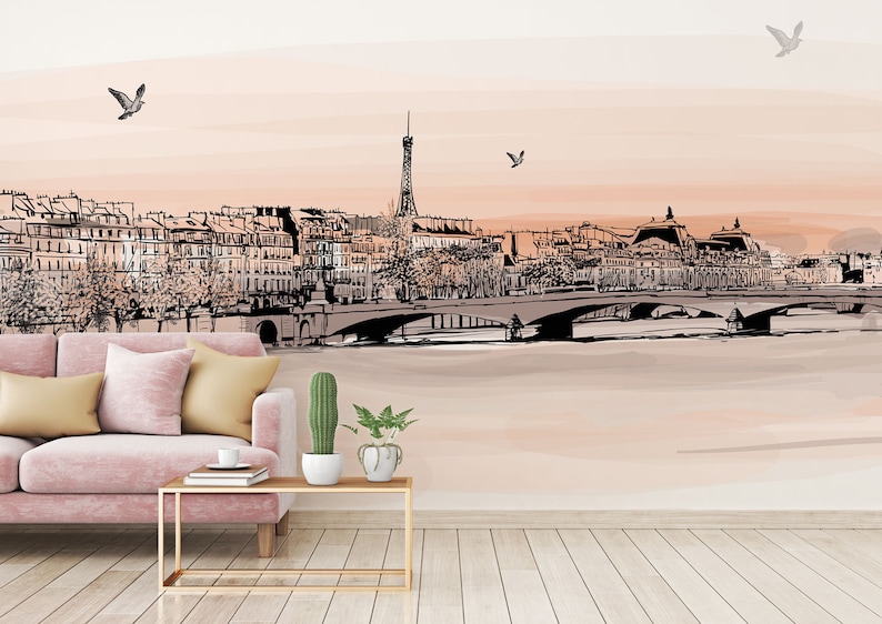 The Romantic Walking Parisian Boardwalk in Sunset Colors Wallpaper Paris at Sunset Peel and Stick WIV 55 image 1