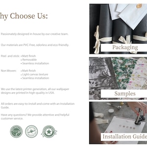 May include: A checklist of reasons to choose a wallpaper company, including in-house design, eco-friendly materials, easy installation, and customer service. The image also shows packaging, samples, and an installation guide.