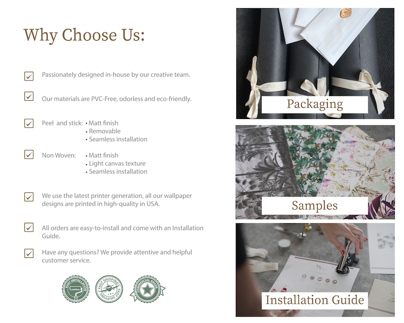 May include: A checklist of reasons to choose a wallpaper company, including in-house design, eco-friendly materials, easy installation, and customer service. The image also shows packaging, samples, and an installation guide.
