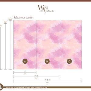 May include: A diagram showing how to assemble a three-panel wall mural. The mural is a pink and orange tie-dye pattern. The panels are labelled A, B, and C. The dimensions of each panel are listed in inches.