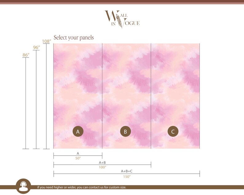 May include: A diagram showing how to assemble a three-panel wall mural. The mural is a pink and orange tie-dye pattern. The panels are labelled A, B, and C. The dimensions of each panel are listed in inches.