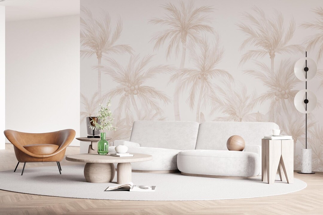 Soft Palm Trees Wallpaper, Beige Forest Landscape Wall Mural, Room