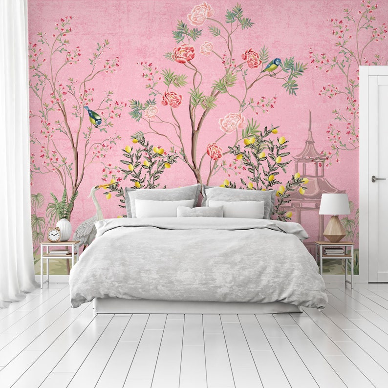 Chinese Decor in Pink Japanese Wallpaper Lemon Tree Wall Mural Asian Décor Wallpaper Non Woven or removable WIV 173 image 2